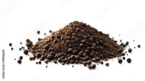 Close-up image of a heap of ground coffee powder isolated on white background, showcasing texture and richness of fresh coffee.