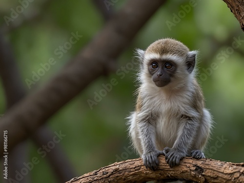 Baby vervet monkey sitting alone in a tree.