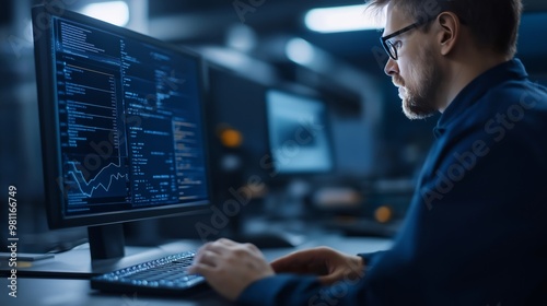 A programmer works late into the night, hunched over his computer The screen reflects the blue light of the code and a graph that shows a downward trend photo