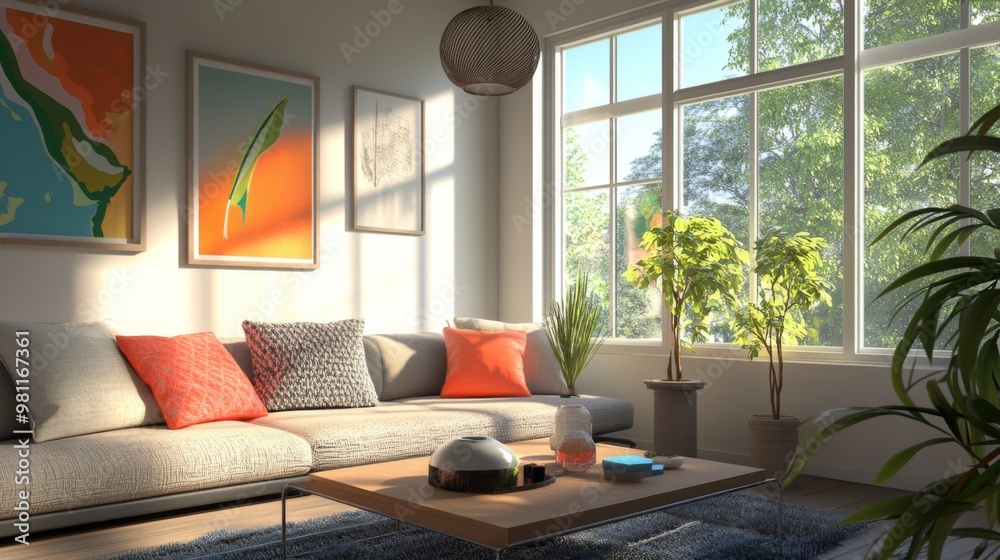 Fototapeta premium A modern living room with a stylish sofa, coffee table, and decorative throw pillows, bathed in natural light from large windows, creating a cozy and inviting space.