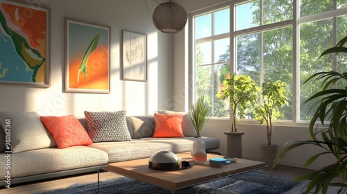 A modern living room with a stylish sofa, coffee table, and decorative throw pillows, bathed in natural light from large windows, creating a cozy and inviting space.