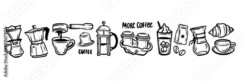 Coffee doodle icon set, ink hand drawn hot beverage vector collection, line cafe sketch banner. Espresso latte cup, cute menu bar drink object kit, mug, pot, arabica package. Coffee doodle breakfast