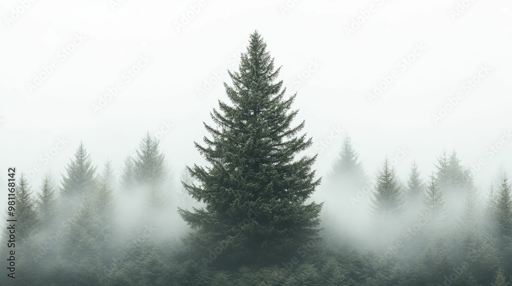 Tall Evergreen Tree Rising Above Foggy Forest Tall Evergreen Tree Rising Above Foggy Forest