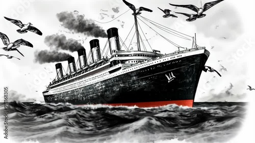 Elegant ocean voyage on a historic ocean liner surrounded by seagulls under a cloudy sky