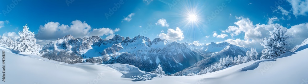 bright sun shining over snow-covered mountain range with clear blue sky, winter scene bright sun shining over snow-covered mountain range with clear blue sky, winter scene