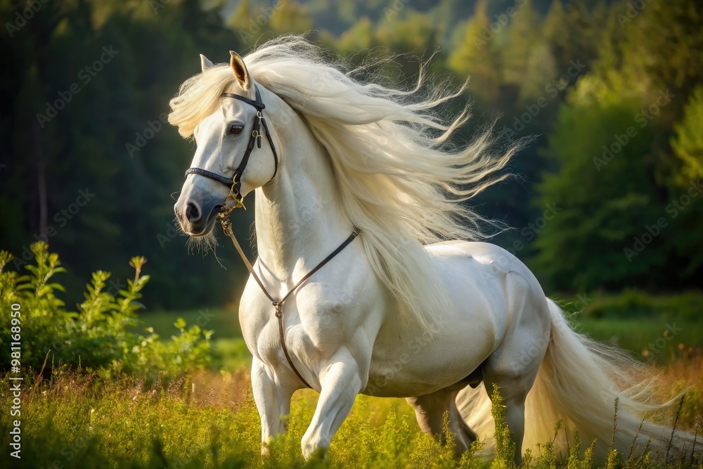 * A majestic white stallion with flowing mane and ornate harness stands tall in a vibrant and lush meadow landscape.