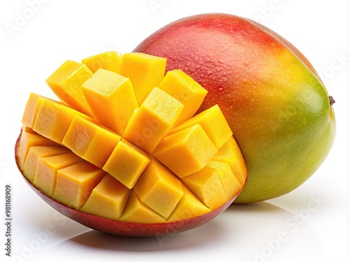 * A juicy slice of fresh mango sits alone on a clean, white background, its vibrant orange peel and succulent flesh on full display.