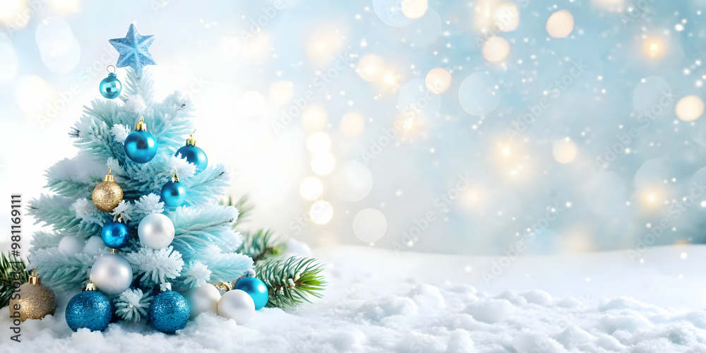 Obraz premium 3D Bokeh Snowfall: Soft Christmas Background with White & Blue Tones | Magical Winter Atmosphere | Ample Copy Space for Text