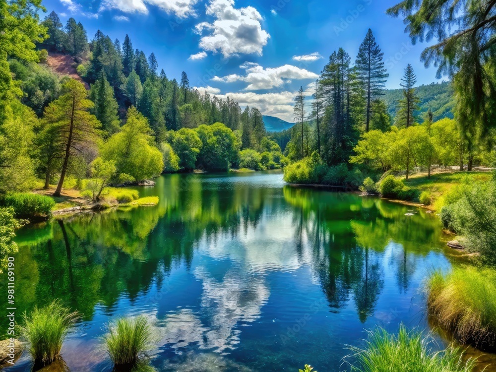 * A tranquil California setting features a serene lake surrounded by lush greenery, offering a sense of calm in a picturesque atmosphere. * A tranquil California setting features a serene lake surrounded by lush greenery, offering a sense of calm in a picturesque atmosphere.