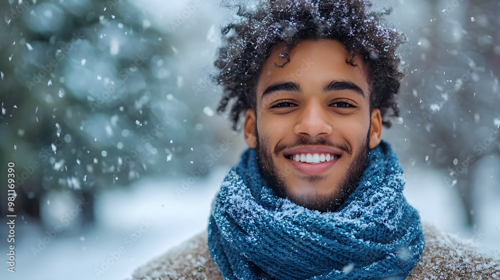 smiling young man in winter with blue scarf, snow falling in the background, joyful expression smiling young man in winter with blue scarf, snow falling in the background, joyful expression