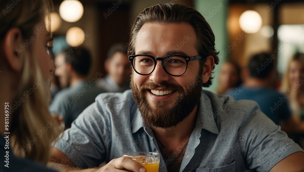 Bearded man with glasses holding a drink and smiling in a social setting. Bearded man with glasses holding a drink and smiling in a social setting.