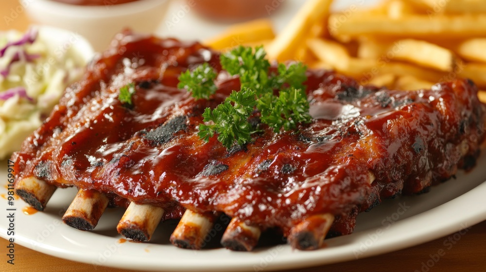A plate of perfectly grilled pork ribs glazed with barbecue sauce, garnished with parsley and served with sides of coleslaw and fries, creating a delicious and mouthwatering meal. A plate of perfectly grilled pork ribs glazed with barbecue sauce, garnished with parsley and served with sides of coleslaw and fries, creating a delicious and mouthwatering meal.