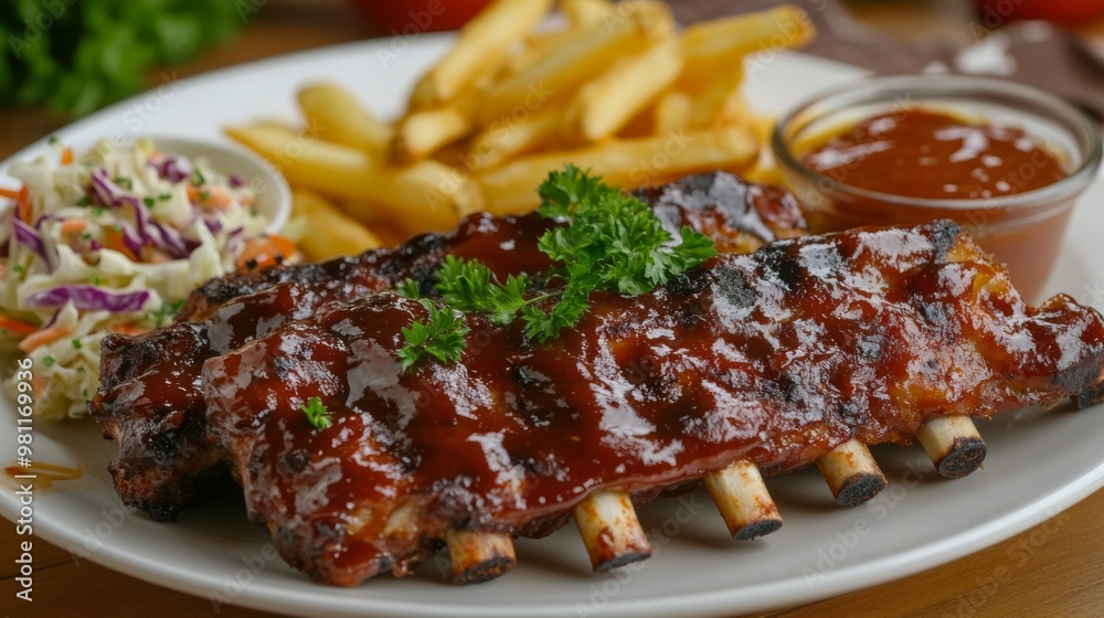 A plate of perfectly grilled pork ribs glazed with barbecue sauce, garnished with parsley and served with sides of coleslaw and fries, creating a delicious and mouthwatering meal. A plate of perfectly grilled pork ribs glazed with barbecue sauce, garnished with parsley and served with sides of coleslaw and fries, creating a delicious and mouthwatering meal.