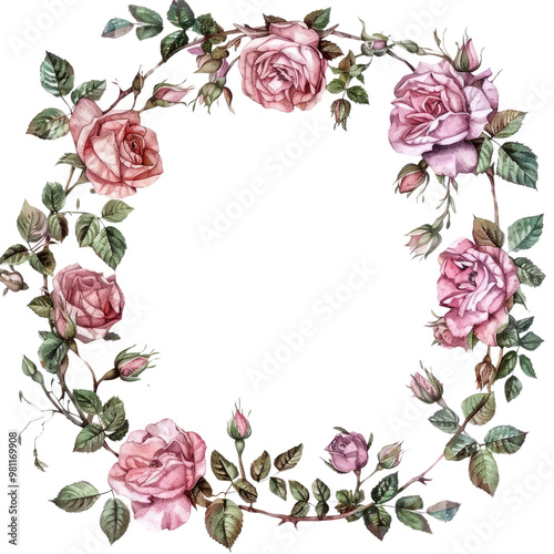 Peony flower wreath with green leaves and pink buds. Round frame decorated with white and pink flower. Watercolor art isolated on white background with copy space. Floral decoration concept. AIG56.