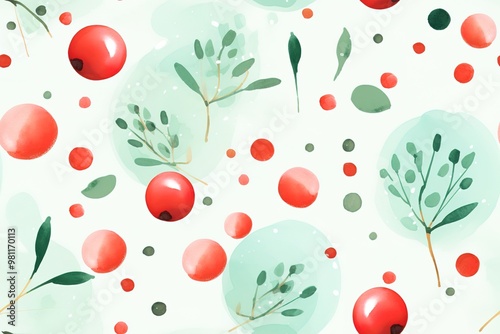 Wallpaper Mural Christmas Seamless Pattern. Coniferous branches, cones, red artificial berries, thuja branches. Pattern for wrapping paper, greeting cards, invitations, fabric, prints. Torontodigital.ca