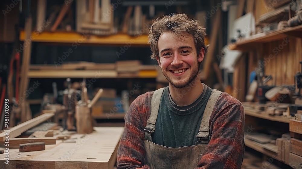 skilled young craftsman smiling while working in a wooden workshop, highlighting his passion for woodworking, craftsmanship, and the art of creating beautiful, handmade wooden pieces skilled young craftsman smiling while working in a wooden workshop, highlighting his passion for woodworking, craftsmanship, and the art of creating beautiful, handmade wooden pieces