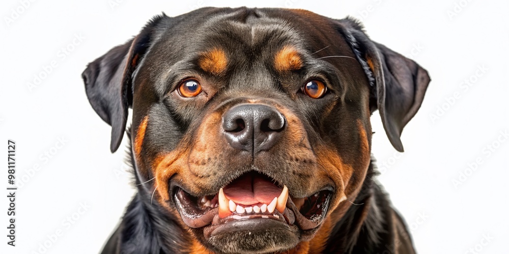 Fototapeta premium Aggressive Rottweiler dog with menacing eyes and bared teeth, showcasing its powerful muscles, isolated on a clean white background, conveying a sense of fearlessness.