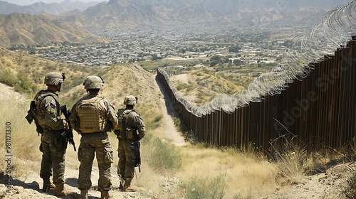 Soldiers observing a border fence in a mountainous region.