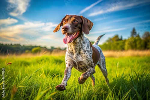 A joyful German Shorthaired Pointer dog runs freely in a sun-drenched open field, its tail wagging, surrounded by vibrant green grass and blue sky. photo