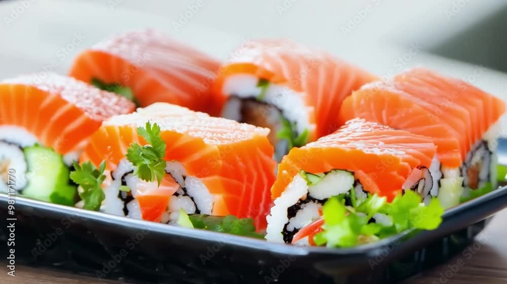 This platter of colorful sushi rolls with salmon, cucumber, and garnishes is beautifully arranged. This platter of colorful sushi rolls with salmon, cucumber, and garnishes is beautifully arranged.