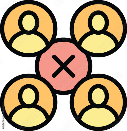 Graphic showing four people social distancing with a cross in the middle representing disconnection