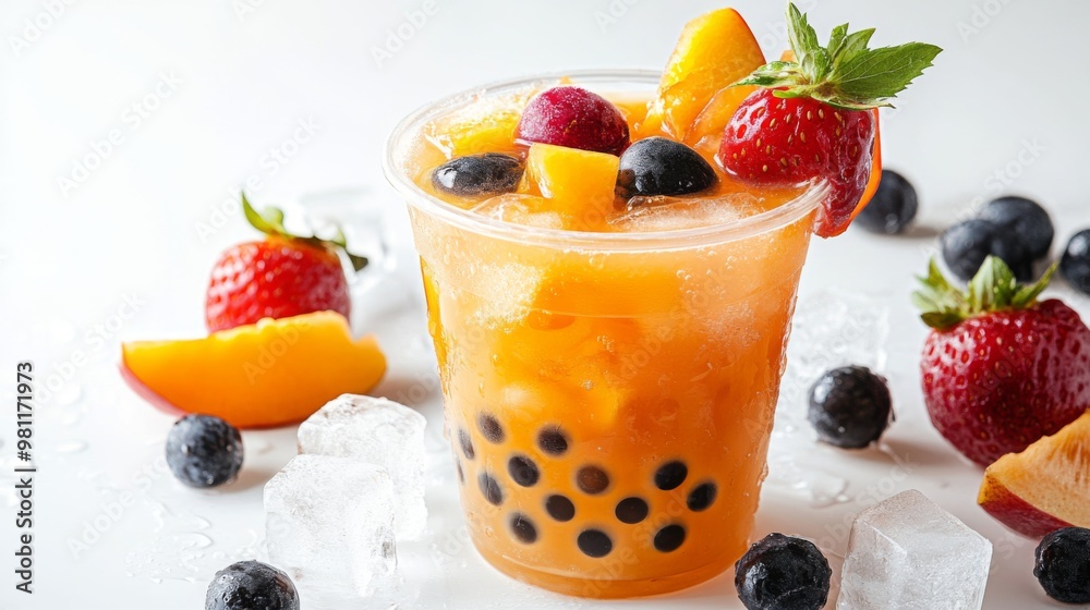 A refreshing cup of fruit-flavored bubble tea with ice cubes and fresh fruit garnishes, displayed on a white background to highlight its cool and inviting appearance A refreshing cup of fruit-flavored bubble tea with ice cubes and fresh fruit garnishes, displayed on a white background to highlight its cool and inviting appearance