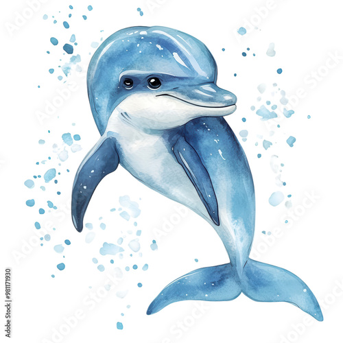 A happy dolphin cartoon, animal character, watercolor illustration, ocean tones, isolated on white background photo