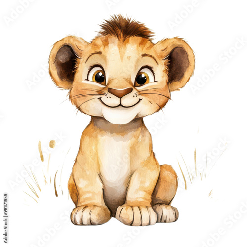 A happy lion cub cartoon, animal character, watercolor illustration, earthy tones, isolated on white background