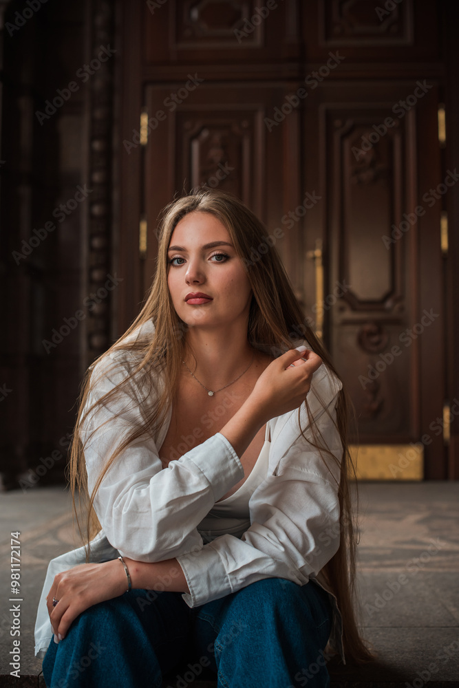 Young beautiful girl at city street. Youth aesthetic, lifestyle of modern people Young beautiful girl at city street. Youth aesthetic, lifestyle of modern people