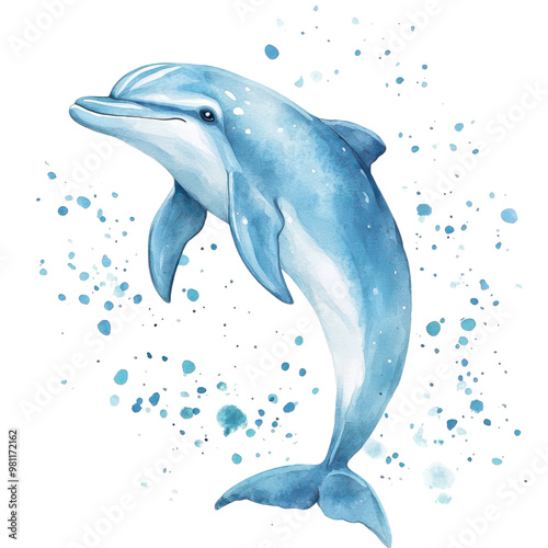 A joyful dolphin cartoon, animal character, watercolor illustration, ocean blue hues, isolated on white background