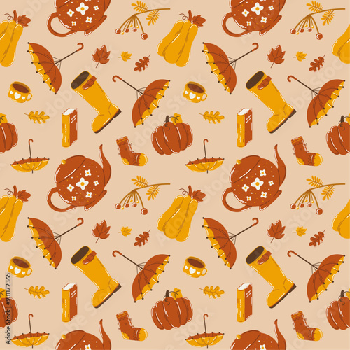 Autumn seamless pattern with ashberry, rowanberry, pumpkin, umbrella, boot, teapot, mug, sock, mushroom, book, leaf, cozy fall elements, cute hand drawn pattern