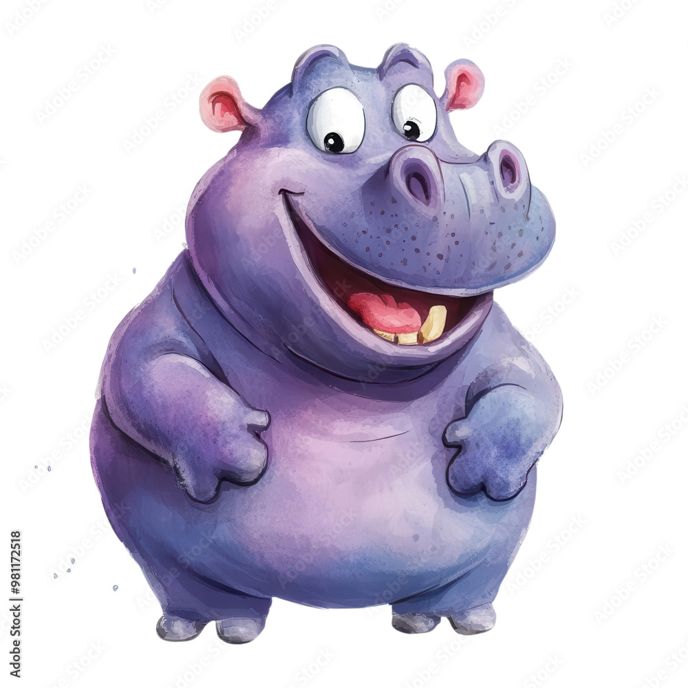 A laughing hippo cartoon, animal character, watercolor illustration, light purple tones, isolated on white background A laughing hippo cartoon, animal character, watercolor illustration, light purple tones, isolated on white background