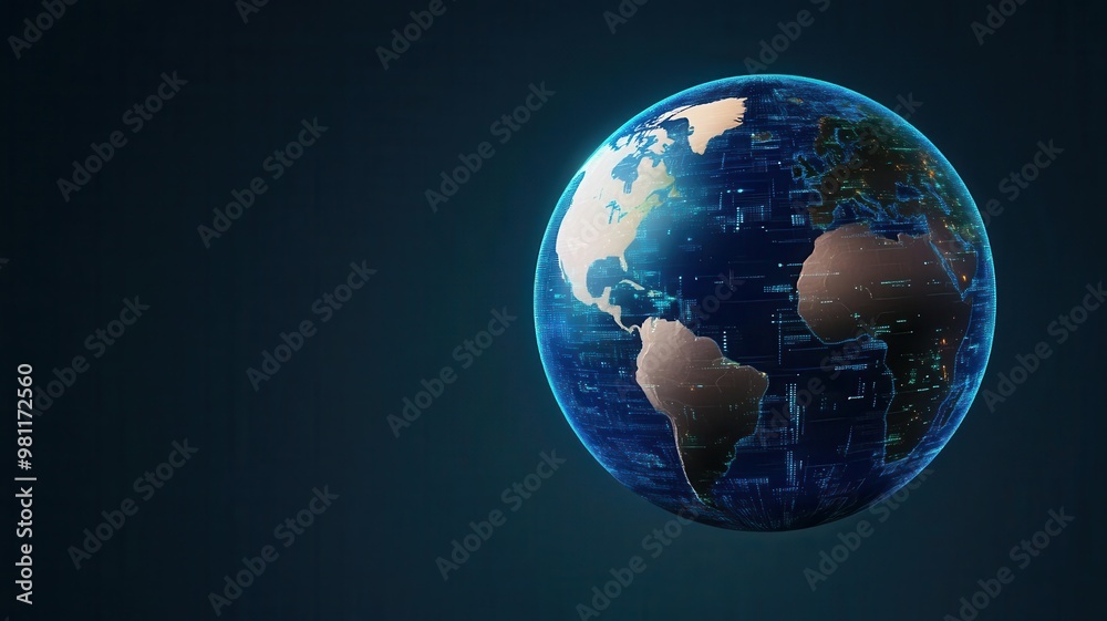 Futuristic blue hologram globe spinning with data streams, glowing tech overlays, digital world concept, global communication Futuristic blue hologram globe spinning with data streams, glowing tech overlays, digital world concept, global communication