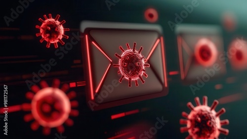 Futuristic hologram showing virus spam detection in email inbox, glowing red icons and data streams, cybersecurity alert, spam detection photo