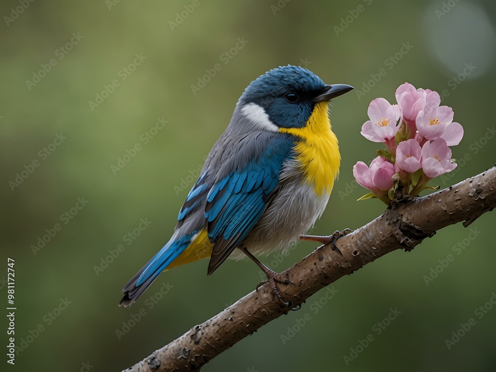 Bird with a flower perched on a branch. Bird with a flower perched on a branch.
