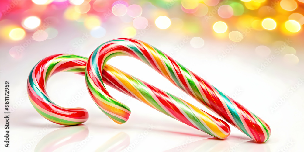 Fototapeta premium Captivating Flat Holographic Candy Canes Rotating Against a Bright Festive Background - Glossy Texture Vector Illustration for Holiday Marketing