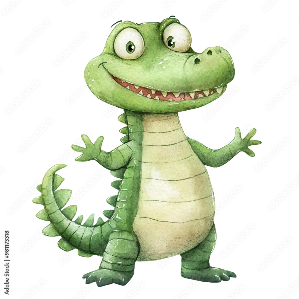 Fototapeta premium A smiling crocodile cartoon, animal character, watercolor illustration, green tones, isolated on white background