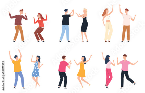 Set of cheerful young people. Bunch of people having fun dancing at a party. Birthday celebration. Party concept. Vector illustration