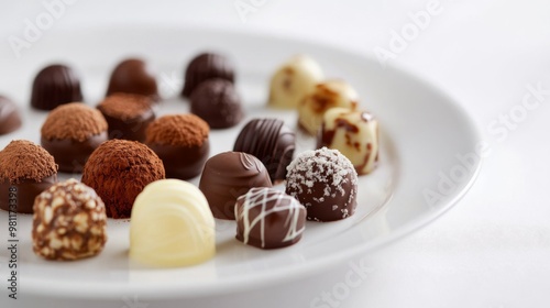 A selection of chocolate truffles and pralines arranged on a white plate, emphasizing the luxurious appearance and delicate craftsmanship of the confectionery.