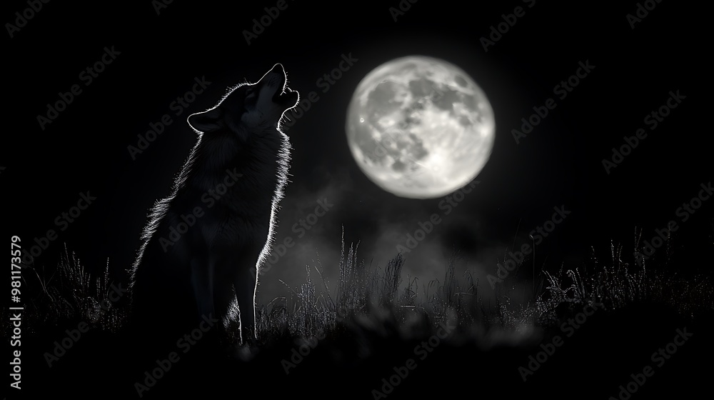 Obraz premium A lone wolf howls at the full moon in a dark, misty landscape.