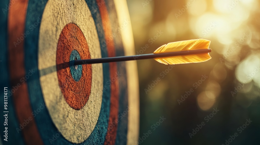 Arrow hitting bullseye on an archery target Arrow hitting bullseye on an archery target