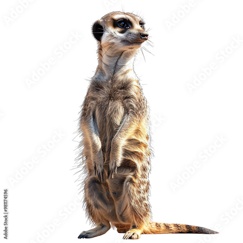 A charming meerkat standing upright, showcasing its curious nature and alert posture in a vibrant setting. photo