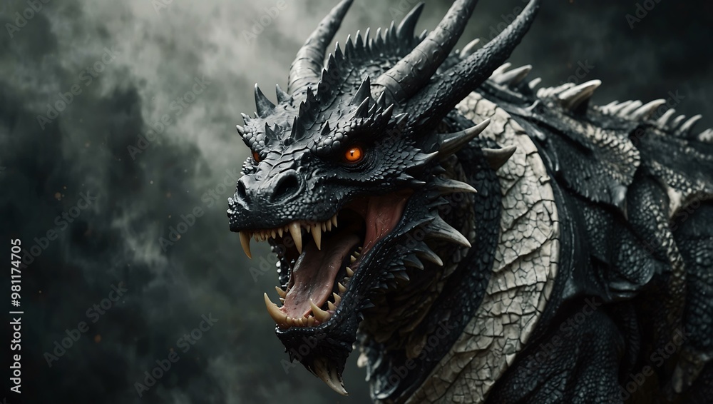 Black and white dragon with horns and open mouth. Black and white dragon with horns and open mouth.