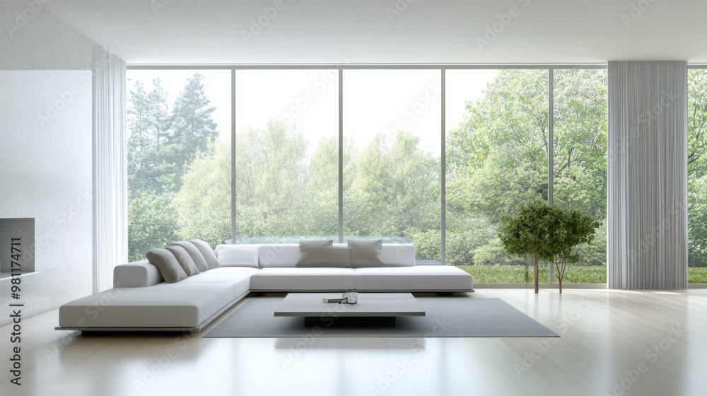 A sleek, minimalist living room with a low-profile sofa, a simple coffee table, and large windows letting in natural light, creating a clean and uncluttered space. A sleek, minimalist living room with a low-profile sofa, a simple coffee table, and large windows letting in natural light, creating a clean and uncluttered space.
