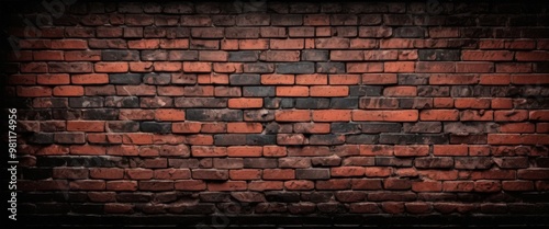 A dark red brick wall is photographed in low lighting, showing the rough texture and worn surface. The bricks appear aged and slightly weathered, adding a sense of history and character.