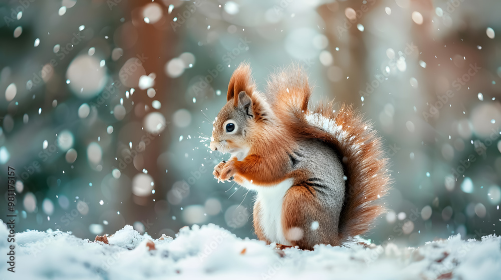 Cute Red Squirrel in Falling Snow Against a Pine Forest Background Cute Red Squirrel in Falling Snow Against a Pine Forest Background