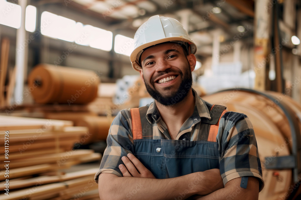 Smiling Hispanic carpenter with crossed arms in a lumber warehouse Smiling Hispanic carpenter with crossed arms in a lumber warehouse