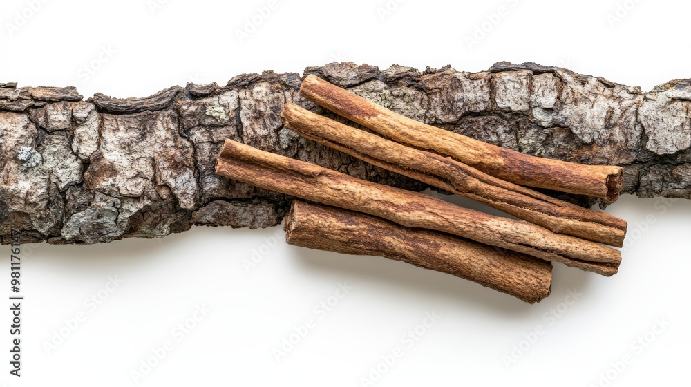 Close-up of cinnamon sticks on bark, showcasing natural texture and spice detail. Ideal for culinary, food, and nature concepts. Close-up of cinnamon sticks on bark, showcasing natural texture and spice detail. Ideal for culinary, food, and nature concepts.