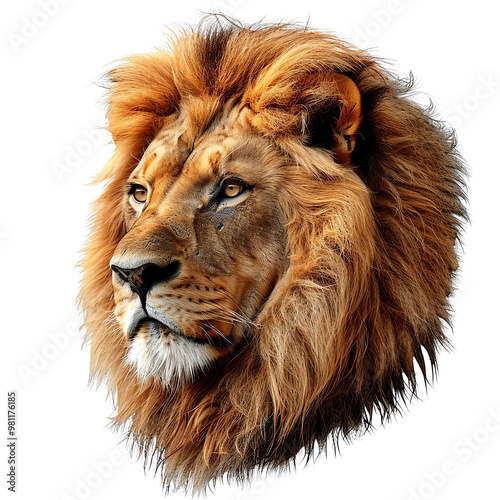 A majestic lion head displaying its powerful mane and striking gaze, symbolizing strength and wildlife beauty.