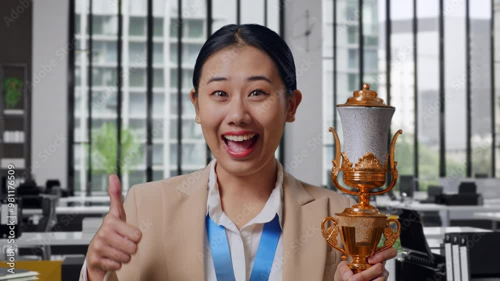 Close Up Of Asian Business Woman In A Suit With A Gold Medal And Trophy ...